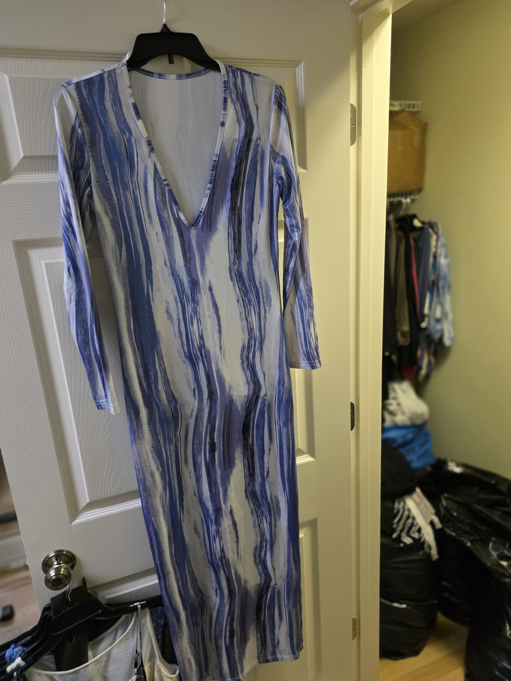 Blue & White Brushstroke V-Neck Midi Dress